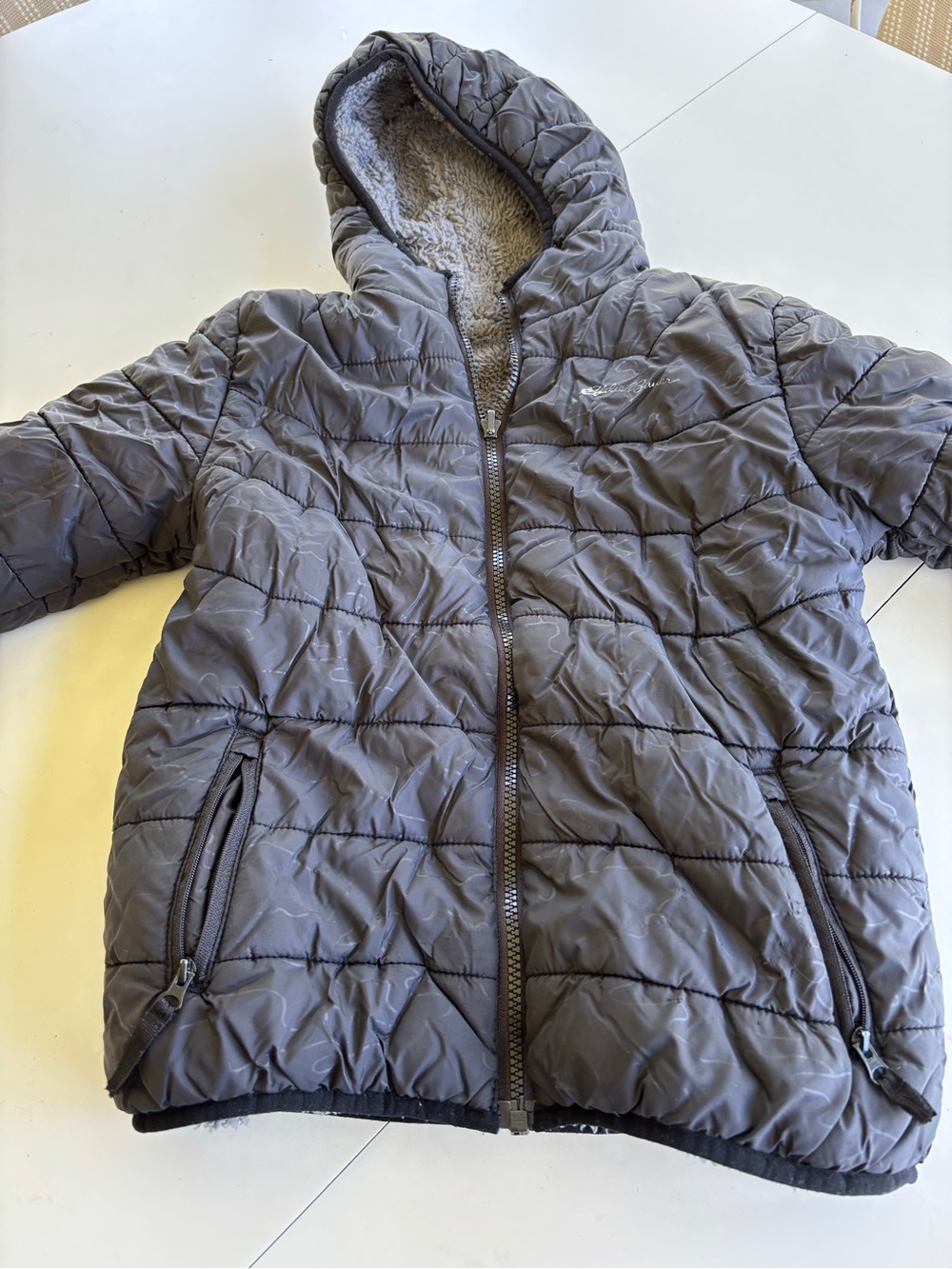 Kids Eddie Bauer Gray Quilted Hooded Jacket with Sherpa Lining